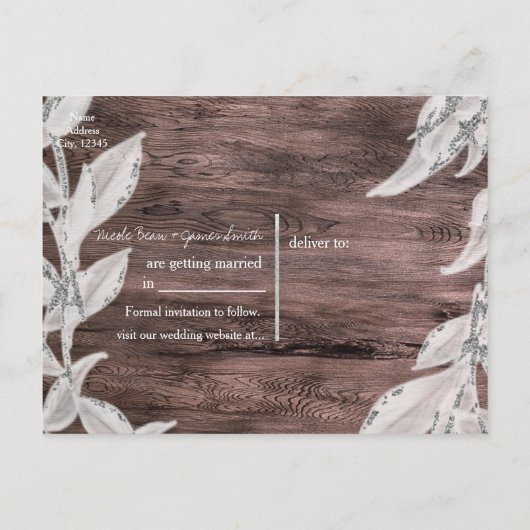 Carte Postale Faire-part Blanc & Argent Feuille & Bois rustique Enregistrer (Dos)