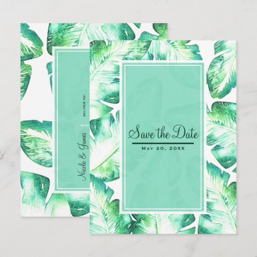 Carte Postale Faire-part Blanc de plage et feuilles tropicales vertes Save  (Devant / Derrière)