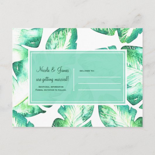 Carte Postale Faire-part Blanc de plage et feuilles tropicales vertes Save  (Dos)