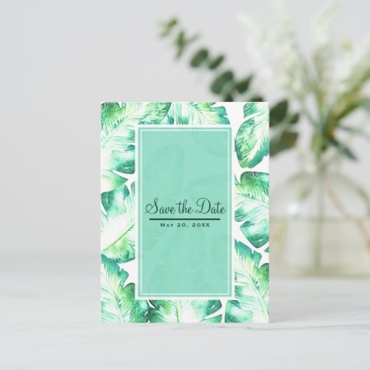 Carte Postale Faire-part Blanc de plage et feuilles tropicales vertes Save  (Debout devant)