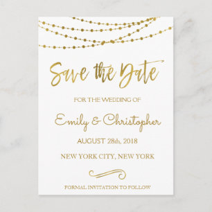 Carte Postale Faire-part Blanc et Or Feuille Sauvegarder la Date