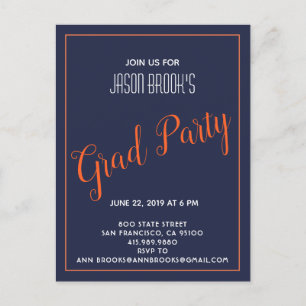 Carte Postale Faire-part Blanc Et Orange À La Fête De Graduation Noire