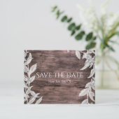 Carte Postale Faire-part Blanc & Feuilles d'Argent & Bois Rustique Save the (Debout devant)