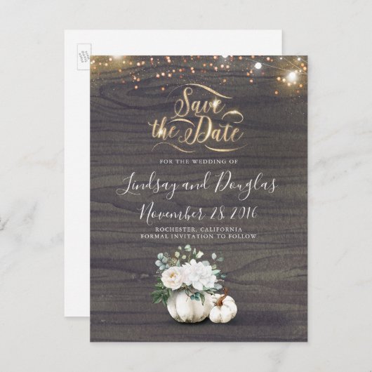 Carte Postale Faire-part Blanc Floral Citrouille Rustic Fall Enregistrer la (Devant / Derrière)