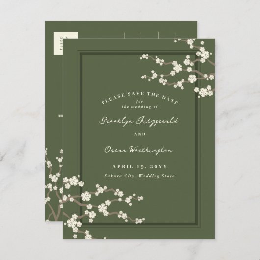 Carte Postale Faire-part Blanc Sakura Cerry Blossoms Asiatique Enregistrer (Devant / Derrière)