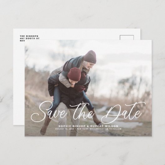 Carte Postale Faire-part Blanc Simple Calligraphie Sauvegarder la Date Phot (Devant / Derrière)