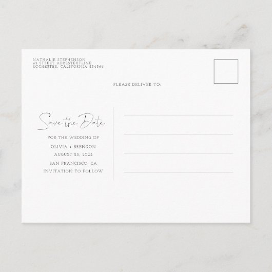 Carte Postale Faire-part Blanc Simple et Minimal Enregistrer la Date Photo (Dos)