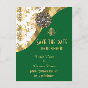 Carte Postale Faire-part Blanc, vert et or damassé save the date