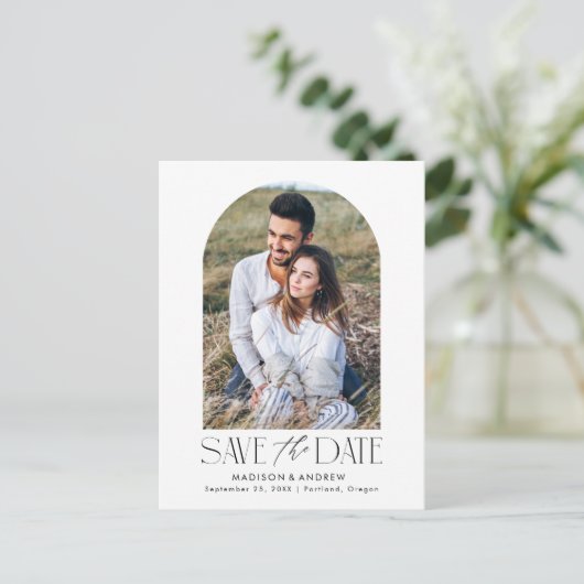 Carte Postale Faire-part BLANCHE | Photo simple Arc moderne Enregistrer la  (Debout devant)