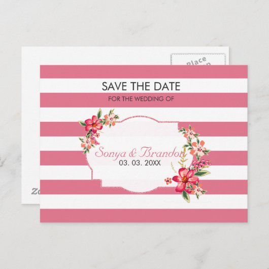 Carte Postale Faire-part Blancs Et Roses - Enregistrer La Date (Devant / Derrière)