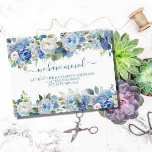Carte Postale Faire-part Bleu Blanc Floral Fleurs Script Déplacement