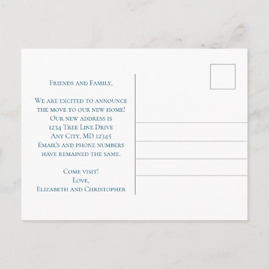 Carte Postale Faire-part Bleu Blanc Floral Fleurs Script Déplacement  (Dos)