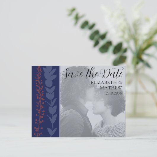 Carte Postale Faire-part Bleu botanique unique Enregistrer la date (Debout devant)