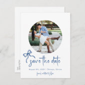 Carte Postale Faire-part Bleu Bow dessiné à la main enregistrer la date pho (Devant / Derrière)