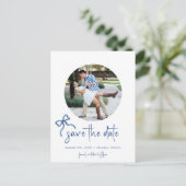 Carte Postale Faire-part Bleu Bow dessiné à la main enregistrer la date pho (Debout devant)