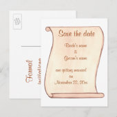 Carte Postale Faire-part Bleu Brown Scroll Enregistrer la date mariage cart (Devant / Derrière)