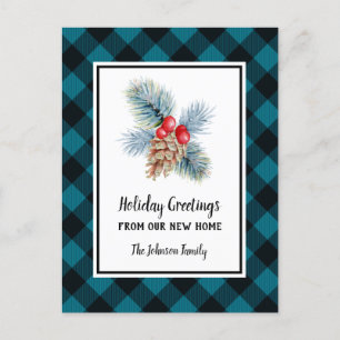 Carte Postale Faire-part Bleu Buffalo Plaid Holiday Salutations de New Home
