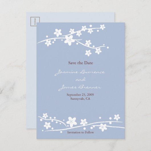 Carte Postale Faire-part Bleu cerise en fleurs (Devant / Derrière)