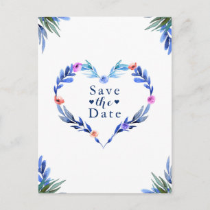 Carte Postale Faire-part Bleu clair Coeur Floral Aquarelle Enregistrer la d