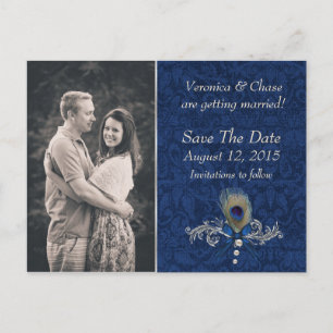 Carte Postale Faire-part Bleu Damassé et Plume de Paon Save The Date