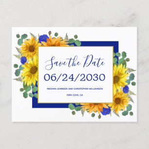 Carte Postale Faire-part Bleu de tournesol rustique Roses mariage Enregistr