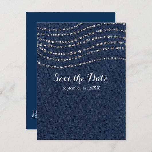 Carte Postale Faire-part Bleu Denim & Diamants Sparkle Bling Enregistrer La (Devant / Derrière)