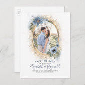 Carte Postale Faire-part Bleu et or Dusty | Photo Enregistrer la date (Devant / Derrière)