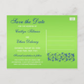 Carte Postale Faire-part Bleu, Flore verte, Coeurs Enregistrer la date Cart (Dos)