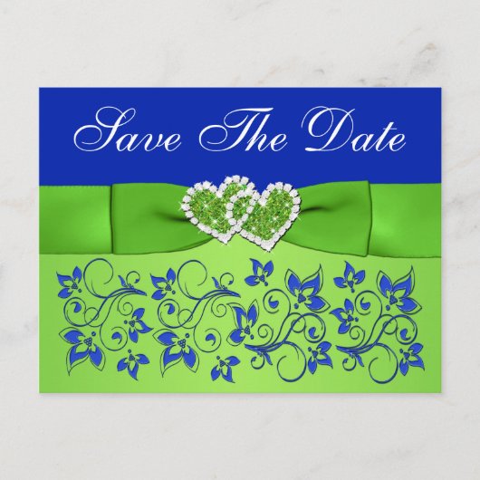 Carte Postale Faire-part Bleu, Flore verte, Coeurs Enregistrer la date Cart (Devant)