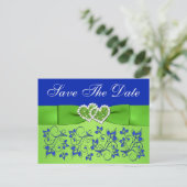 Carte Postale Faire-part Bleu, Flore verte, Coeurs Enregistrer la date Cart (Debout devant)