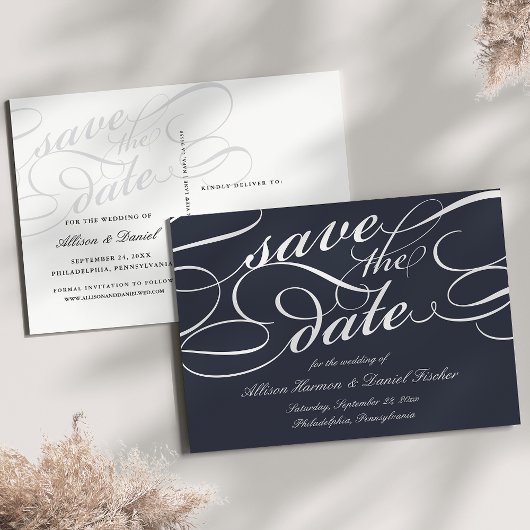 Carte Postale Faire-part Bleu foncé | Mariage de script classique Enregistr