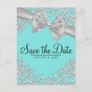 Carte Postale Faire-part Bleu Grand Nœud Blanc Diamants Enregistrer la Date