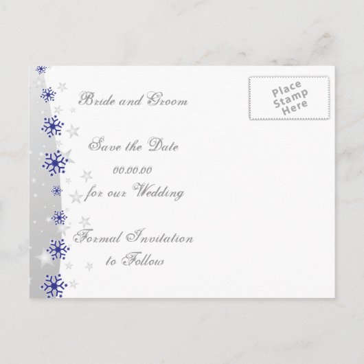 Carte Postale Faire-part Bleu, gris argenté mariage flocon de neige Enregis (Dos)