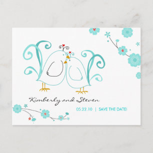 Carte Postale Faire-part Bleu Lovebirds Sauvez les dates