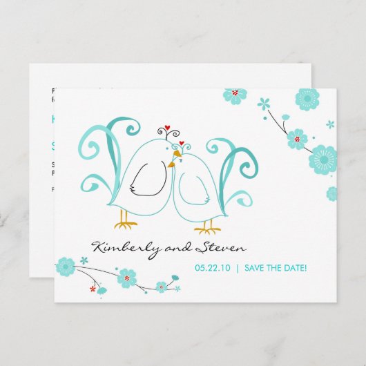 Carte Postale Faire-part Bleu Lovebirds Sauvez les dates (Devant / Derrière)