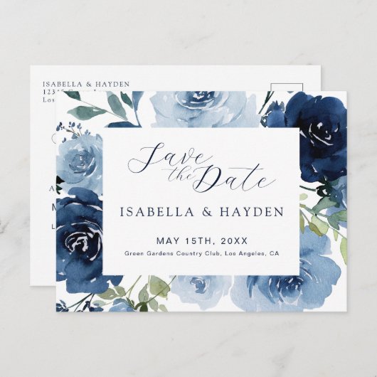 Carte Postale Faire-part Bleu marine bleu poussiéreux floral mariage économ (Devant / Derrière)