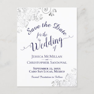 Carte Postale Faire-part Bleu marine dentelle argent mariage blanc Enregist