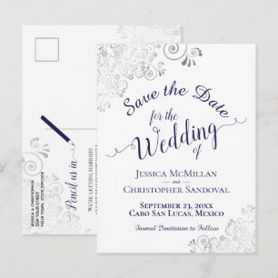 Carte Postale Faire-part Bleu marine dentelle argent mariage blanc Enregist