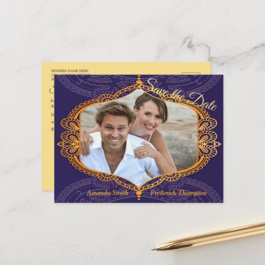 Carte Postale Faire-part Bleu marine et ou violet avec mandalas dorés (Devant/Arrière en situation)