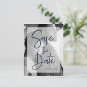 Carte Postale Faire-part Bleu marine et superposition blanche | Photo Enreg (Debout devant)