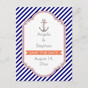 Carte Postale Faire-part Bleu marine, save the date de mariage nautique cor