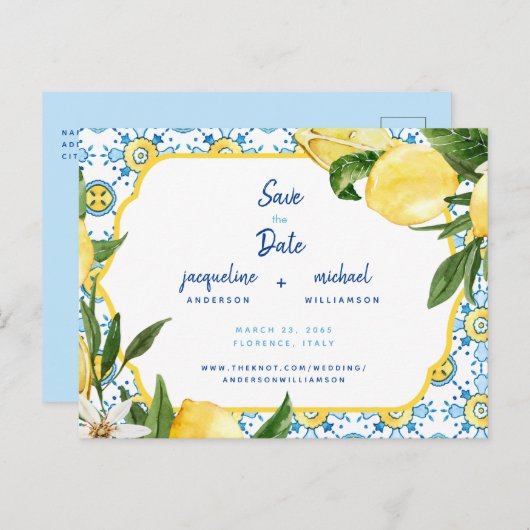 Carte Postale Faire-part Bleu méditerranéen moderne & citrons Sauvez la dat (Devant / Derrière)