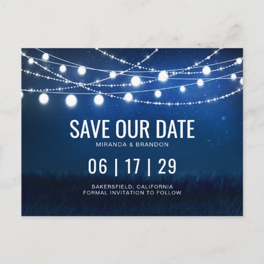 Carte Postale Faire-part Bleu Night & Argent String Lights Enregistrer la d (Devant)