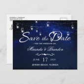 Carte Postale Faire-part Bleu Nuit Argent Mason Jar String Mariage (Devant / Derrière)