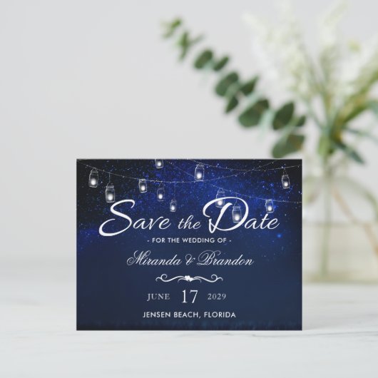 Carte Postale Faire-part Bleu Nuit Argent Mason Jar String Mariage (Debout devant)