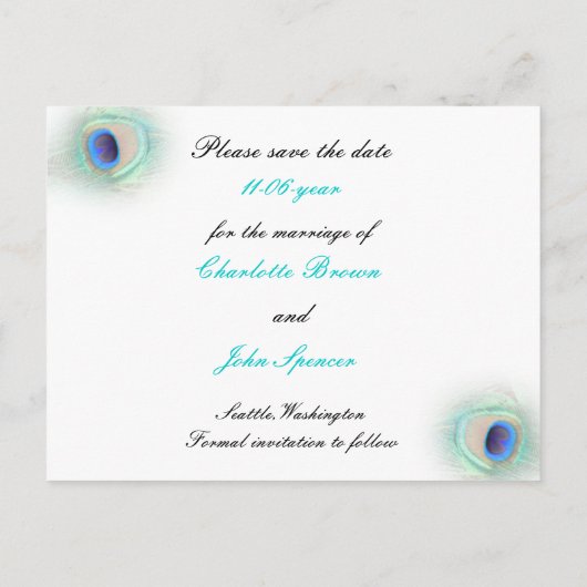 Carte Postale Faire-part bleu paon Enregistrer la date (Dos)