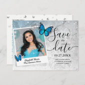 Carte Postale Faire-part Bleu papillon Quinceanera Photo Enregistrer la dat (Devant / Derrière)