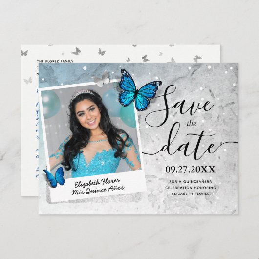 Carte Postale Faire-part Bleu papillon Quinceanera Photo Enregistrer la dat (Devant / Derrière)