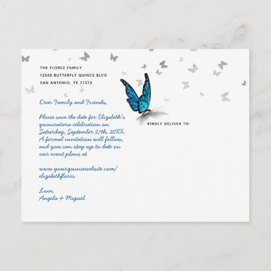 Carte Postale Faire-part Bleu papillon Quinceanera Photo Enregistrer la dat (Dos)