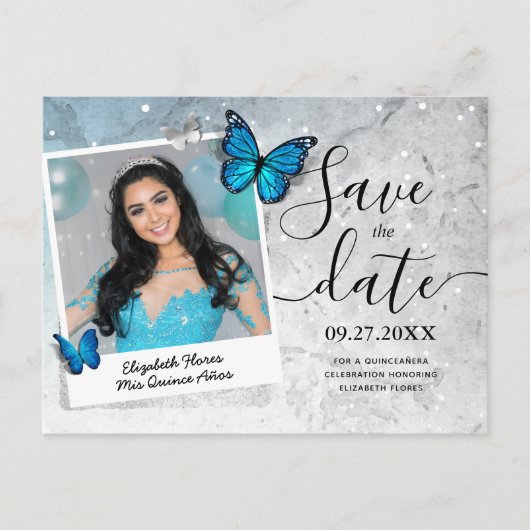 Carte Postale Faire-part Bleu papillon Quinceanera Photo Enregistrer la dat (Devant)